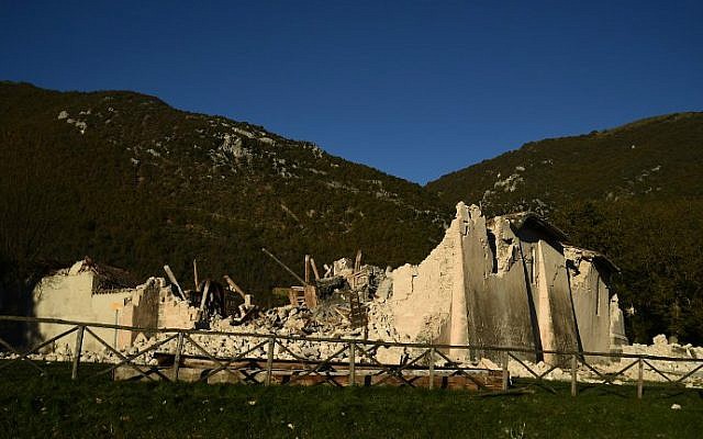 The collapsed church San Salvatore a Campi near Norcia, Italy on October 31, 2016, a day after a 6.6 magnitude earthquake hit central Italy. (Filippo Monteforte/AFP) The collapsed church San Salvatore a Campi near Norcia, Italy on October 31, 2016, a day after a 6.6 magnitude earthquake hit central Italy. (Filippo Monteforte/AFP)