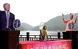 A monkey holds a fan with Chinese characters that read "elected" as it sits between cardboard cutouts of US Presidential candidates Donald Trump and Hillary Clinton , at a park in Changsha, in China's Hunan province on November 3, 2016. ( AFP PHOTO / STR / China OUT)