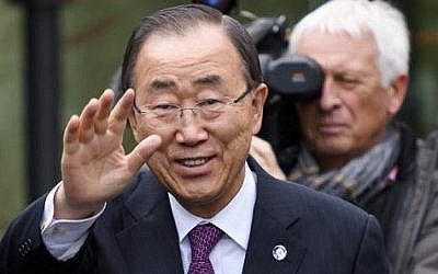 United Nations Secretary-General Ban Ki-moon gestures upon his arrival at Cyprus Peace Talks on November 7, 2016 in Mont-Pelerin, Western Switzerland. (AFP/Pool/Fabrice Coffrini)