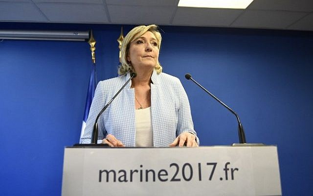 President of the French far-right party and presidential candidate for the 2017 French Presidential elections Marine Le Pen delivers a speech during a press conference, in the party headquarters inNanterre, near Paris, November 9, 2016. (AFP/Martin BUREAU) President of the French far-right party and presidential candidate for the 2017 French Presidential elections Marine Le Pen delivers a speech during a press conference, in the party headquarters inNanterre, near Paris, November 9, 2016. (AFP/Martin BUREAU)
