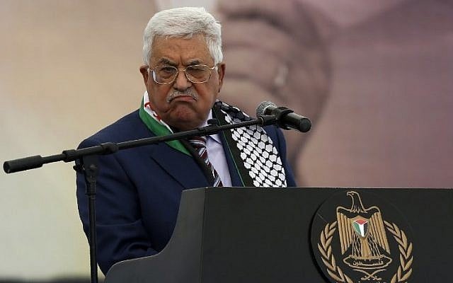 Palestinian Authority president Mahmoud Abbas gestures as he gives a speech during a rally marking the 12th anniversary of the death of late Palestinian leader Yasser Arafat in the West Bank city of Ramallah on November 10, 2016. (AFP/ ABBAS MOMANI) Palestinian Authority president Mahmoud Abbas gestures as he gives a speech during a rally marking the 12th anniversary of the death of late Palestinian leader Yasser Arafat in the West Bank city of Ramallah on November 10, 2016. (AFP/ ABBAS MOMANI)