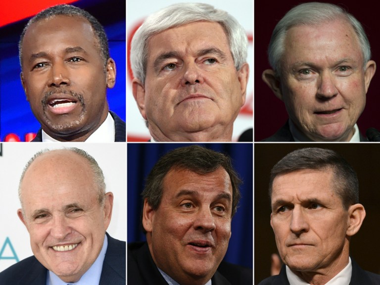 This combination of recent portrait pictures created on November 11, 2016 shows (Top; From L to R) Ben Carson, Newt Gingrich, Jeff Sessions, (low, L to R) Rudy Giuliani, Chris Christie and Lt. Gen. Michael Flynn. (AFP PHOTO/STF/XGTY) This combination of recent portrait pictures created on November 11, 2016 shows (Top; From L to R) Ben Carson, Newt Gingrich, Jeff Sessions, (low, L to R) Rudy Giuliani, Chris Christie and Lt. Gen. Michael Flynn. (AFP PHOTO/STF/XGTY)