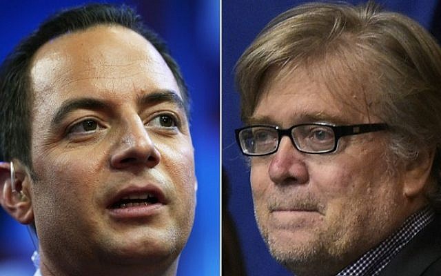 This combination of pictures created on November 11, 2016 shows Reince Priebus, left, and Stephen K. Bannon. (AFP PHOTO / STF) This combination of pictures created on November 11, 2016 shows Reince Priebus, left, and Stephen K. Bannon. (AFP PHOTO / STF)