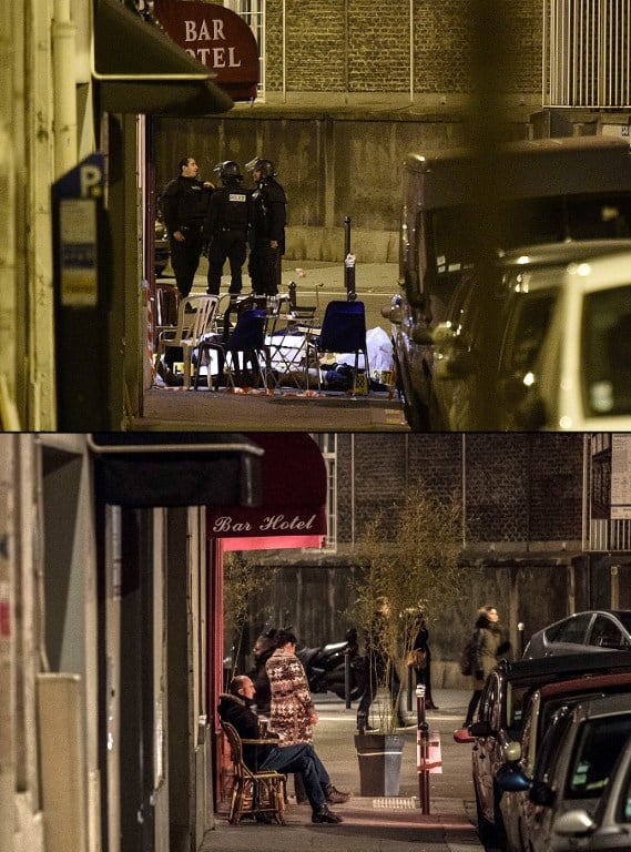 A combination made on November 12, 2016 shows a file picture of a victim lying on the ground behind chairs following an attack in front of the 'Le Carillon' bar at rue Bichat in central Paris on November 14, 2015 (top), and a man sitting on a chair in front of the same bar in Paris on November 11, 2016. (AFP PHOTO / FRANCK FIFE AND Philippe LOPEZ) A combination made on November 12, 2016 shows a file picture of a victim lying on the ground behind chairs following an attack in front of the 'Le Carillon' bar at rue Bichat in central Paris on November 14, 2015 (top), and a man sitting on a chair in front of the same bar in Paris on November 11, 2016. (AFP PHOTO / FRANCK FIFE AND Philippe LOPEZ)
