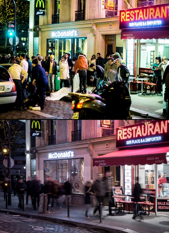 A combination made on November 12, 2016 shows a file picture taken of people covering a body in front of a McDonald's restaurant near the Cafe Bonne Biere in Paris on November 13, 2015 following a series of coordinated attacks in and around Paris (top), and people walking past the same restaurant on November 11, 2016. (Philippe LOPEZ Anthony DORFMANN / AFP) A combination made on November 12, 2016 shows a file picture taken of people covering a body in front of a McDonald's restaurant near the Cafe Bonne Biere in Paris on November 13, 2015 following a series of coordinated attacks in and around Paris (top), and people walking past the same restaurant on November 11, 2016. (Philippe LOPEZ Anthony DORFMANN / AFP)