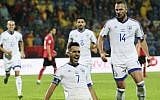 Israel's Eran Zahavi (center) celebrates after scoring a goal during the World Cup 2018 qualifier football match Albania versus Israel at the Elbasan Arena stadium in Elbasan on November 12, 2016.  (AFP PHOTO / GENT SHKULLAKU)