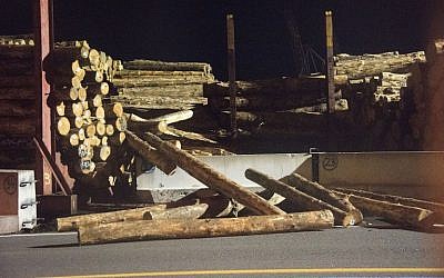 A stack of collapsed logs are seen at a wharf in Wellington early on November 14, 2016 following an earthquake centered some 90 kilometers (57 miles) north of New Zealand's South Island city of Christchurch. (AFP PHOTO / Marty Melville)