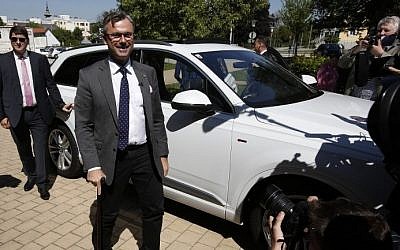 Austrian Freedom Party (FPOe) candidate Norbert Hofer arrives at a polling station to cast his ballot during the second round of presidential elections in Pinkafeld, some 100 km south of Vienna,  Austria, on May 22, 2016. (Dieter Nagl/AFP)