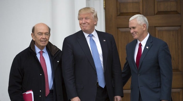 President-elect Donald Trump(C) and Vice President-elect Mike Pence pose for a photo with Wilbur Ross(L), who is under consideration for commerce secretary at the clubhouse of Trump National Golf Club November 20, 2016 in Bedminster, New Jersey. (AFP PHOTO / Don EMMERT) President-elect Donald Trump(C) and Vice President-elect Mike Pence pose for a photo with Wilbur Ross(L), who is under consideration for commerce secretary at the clubhouse of Trump National Golf Club November 20, 2016 in Bedminster, New Jersey. (AFP PHOTO / Don EMMERT)