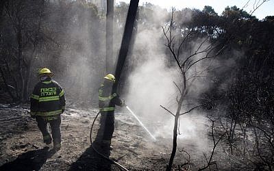 Israeli firefighters extinguish flames in Haifa following a massive wildfire that swept through the northern city, on November 25, 2016. (AFP/Menahem Kahana)