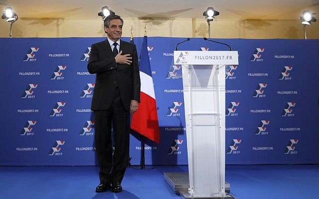 French member of Parliament and candidate for the right-wing primaries ahead of France's 2017 presidential elections, Francois Fillon gestures before delivering a speech following the first results of the primary's second round at his campaign headquarters in Paris, November 27, 2016. (AFP/Thomas SAMSON) French member of Parliament and candidate for the right-wing primaries ahead of France's 2017 presidential elections, Francois Fillon gestures before delivering a speech following the first results of the primary's second round at his campaign headquarters in Paris, November 27, 2016. (AFP/Thomas SAMSON)