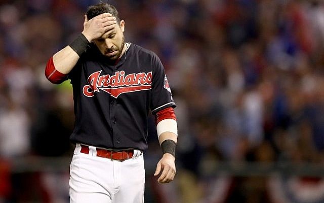 Jason Kipnis #22 of the Cleveland Indians reacts against the Chicago Cubs in Game Seven of the 2016 World Series at Progressive Field on November 2, 2016 in Cleveland, Ohio. (Elsa/Getty Images/AFP)