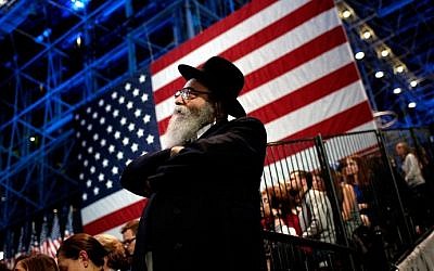 Illustrative: A Jewish man watches voting results come in at Democratic presidential nominee former Secretary of State Hillary Clinton's election night event at the Jacob K. Javits Convention Center November 8, 2016, in New York City. (Win McNamee/Getty Images/AFP)