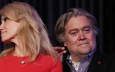 Republican president-elect Donald Trump's campaign manager, Kellyanne Conway, left, and Trump campaign CEO Stephen Bannon stand on stage during the election night event at the New York Hilton Midtown, New York City, in the early morning hours of November 9, 2016. (Chip Somodevilla/Getty Images/AFP) Republican president-elect Donald Trump's campaign manager, Kellyanne Conway, left, and Trump campaign CEO Stephen Bannon stand on stage during the election night event at the New York Hilton Midtown, New York City, in the early morning hours of November 9, 2016. (Chip Somodevilla/Getty Images/AFP)