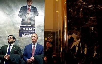 Nigel Farage (C), leader of the UK Independence Party, arrives to Trump Tower on November 12, 2016 in New York City. (Yana Paskova/Getty Images/AFP)
