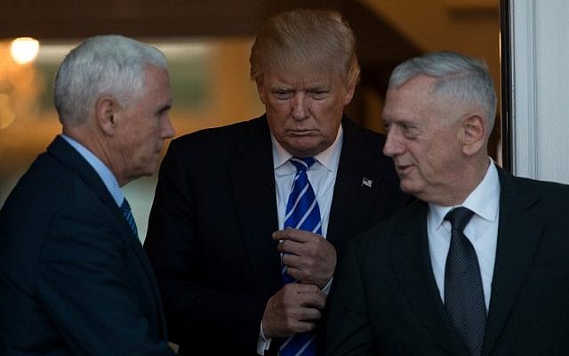 (L to R) Vice President-elect Mike Pence, President-elect Donald Trump, and retired United States Marine Corps general James Mattis exit the clubhouse after their meeting at Trump International Golf Club, November 19, 2016 in Bedminster Township, New Jersey. (Drew Angerer/Getty Images/AFP) (L to R) Vice President-elect Mike Pence, President-elect Donald Trump, and retired United States Marine Corps general James Mattis exit the clubhouse after their meeting at Trump International Golf Club, November 19, 2016 in Bedminster Township, New Jersey. (Drew Angerer/Getty Images/AFP)