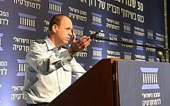 Maj. Gen. Hagai Topolanski, head of the IDF Manpower Directorate, speaks at an Israeli Democracy Institute conference marking 30 years since navigator Ron Arad went missing over Lebanon, on November 29, 2016. (Courtesy Israeli Democracy Institute)
