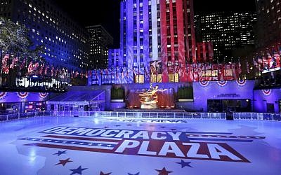 The words Democracy Plaza appear on the skating rink on election night in New York's Rockefeller Plaza, Nov. 8, 2016. (Heidi Gutman, NBC News via AP)