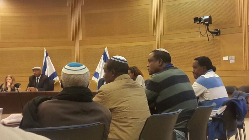 Ethiopian Israelis appeal to government to allow their relatives to immigrate in the Knesset on November 29, 2016. Yahallem Tadessa is pictured on the second right (Marissa Newman/Times of Israel) Ethiopian Israelis appeal to government to allow their relatives to immigrate in the Knesset on November 29, 2016. Yahallem Tadessa is pictured on the second right (Marissa Newman/Times of Israel)