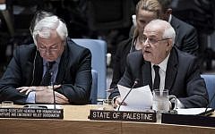 File: Riyad Mansour, right, addresses the UN Security Council on October 19, 2016. (Kim Haughton/UN)