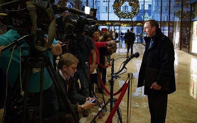 Former CIA director retired Gen. David Petraeus arrives at Trump Tower and talks with reporters after a meeting with President-elect Donald Trump, in New York, November 28, 2016. (AP/Evan Vucci)
