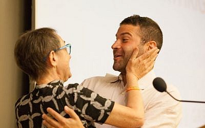 Peter Schottenfels meets Eti Brazilai, whose life he saved through a bone marrow donation arranged by Gift of Life, November 2016 (Courtesy)
