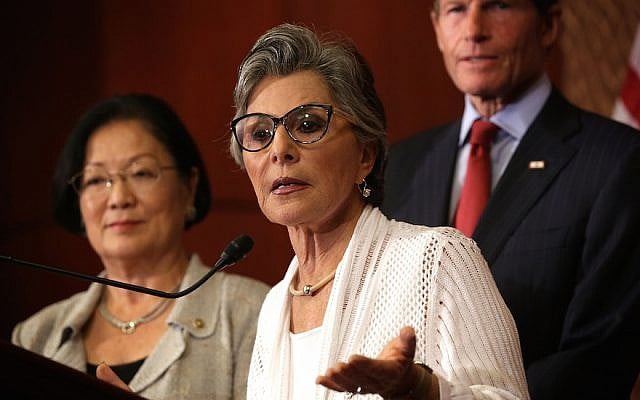 Sen. Barbara Boxer speaking at a news conference in Washington, DC, Aug. 3, 2015. (Alex Wong/Getty Images via JTA) Sen. Barbara Boxer speaking at a news conference in Washington, DC, Aug. 3, 2015. (Alex Wong/Getty Images via JTA)
