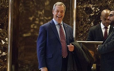 In this Saturday, Nov. 12, 2016, file photo, U.K. Independence Party leader Nigel Farage smiles as he arrives at Trump Tower, in New York. (AP Photo/ Evan Vucci, File)