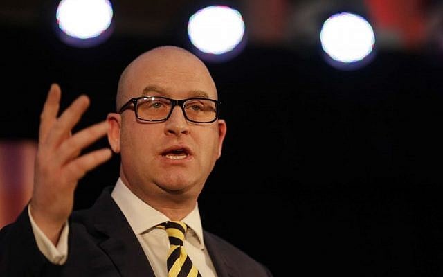 Paul Nuttall gestures after being announced as the new leader of the UK Independence Party in London, November 28, 2016. (AP/Alastair Grant) Paul Nuttall gestures after being announced as the new leader of the UK Independence Party in London, November 28, 2016. (AP/Alastair Grant)
