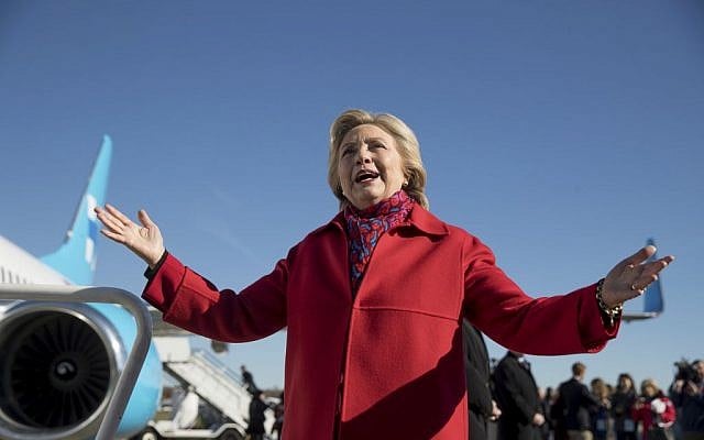 Democratic presidential candidate Hillary Clinton speaks to members of the media before boarding her campaign plane at Westchester County Airport in White Plains, N.Y., November 7, 2016. (AP/Andrew Harnik) Democratic presidential candidate Hillary Clinton speaks to members of the media before boarding her campaign plane at Westchester County Airport in White Plains, N.Y., November 7, 2016. (AP/Andrew Harnik)
