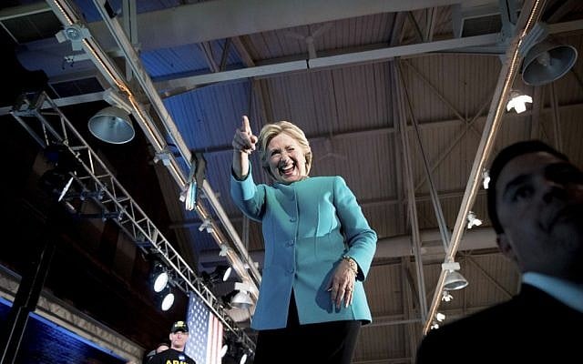 Democratic presidential candidate Hillary Clinton waves to members of the audience after speaking at The Armory at the Radisson Hotel in Manchester, N.H., November 6, 2016. (AP/Andrew Harnik) Democratic presidential candidate Hillary Clinton waves to members of the audience after speaking at The Armory at the Radisson Hotel in Manchester, N.H., November 6, 2016. (AP/Andrew Harnik)