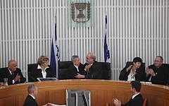 Judge Asher Gronis parts from retiring Judge Deputy Supreme Court President Eliezer Rivlin, one of the court's foremost champions of freedom of expression. L to R: Salim Jubran, Edna Arbel, Eliezer Rivlin, Asher Grunis, Miriam Naor, Elyakim Rubinstein. May 24, 2012. (Noam Moskowitz/Flash90)