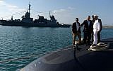 Prime Minister Benjamin Netanyahu touring the INS Tanin submarine, built by the German firm Thyssenkrupp, as it arrived in Israel on September 23, 2014. (Kobi Gideon/GPO/Flash90)