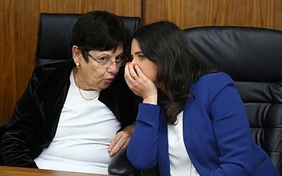 Justice Minister Ayelet Shaked with Supreme Court president Miriam Naor in the city of Beit Shemesh, on March 29, 2016 (Yaakov Lederman/Flash90)