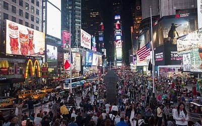 A general view of Times Square at night, Manhattan, New York City, USA,. June 14, 2016. (Yonatan Sindel/Flash90)
