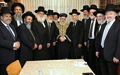Illustrative: Sephardi Chief Rabbi Yitzhak Yosef meets with newly appointed Supreme Rabbinical Court judges in Jerusalem, July 13, 2016. (Photo by Yaacov Cohen/Flash90)