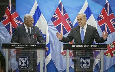 Prime Minister Benjamin Netanyahu with visiting Fiji Prime Minister Josaia Voreqe Bainimarama, in Jerusalem, November 7, 2016. (Ohad Zwigenberg) Prime Minister Benjamin Netanyahu with visiting Fiji Prime Minister Josaia Voreqe Bainimarama, in Jerusalem, November 7, 2016. (Ohad Zwigenberg)