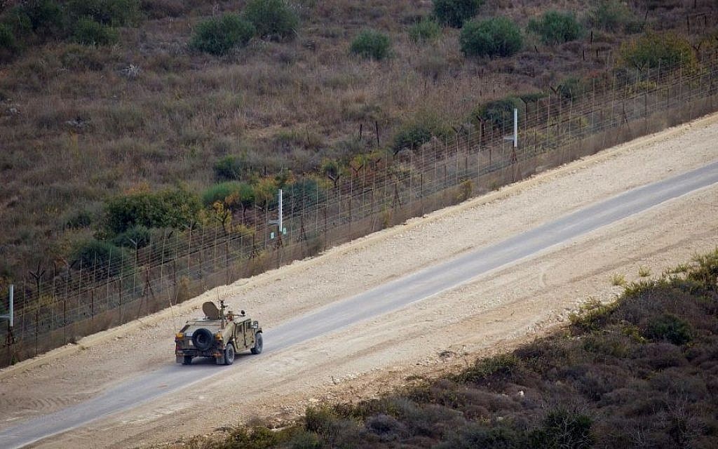 Illustrative: An Israeli patrol along the Lebanon/Israel border fence near Rosh Hanikra, on November 10, 2016. (Doron Horowitz/Flash90)