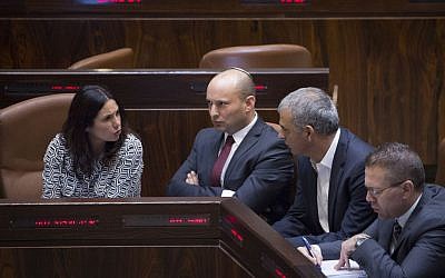 From left, ministers Miri Regev, Naftali Bennett, Moshe Kahlon and Gilad Erdan in the Knesset on November 13, 2016. (Miriam Alster/FLASH90)