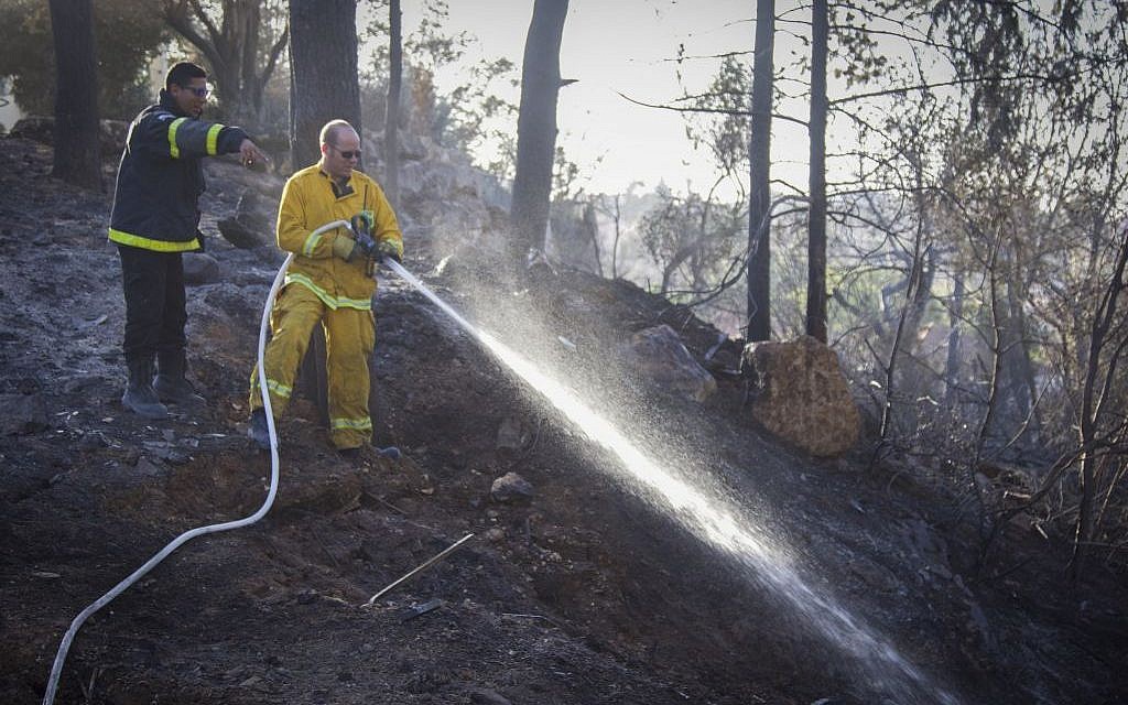 Fire fighters try to extinguish a fire which broke out yesterday in Zichron Yaakov, November 23, 2016. (Doron Horowitz/Flash90) Fire fighters try to extinguish a fire which broke out yesterday in Zichron Yaakov, November 23, 2016. (Doron Horowitz/Flash90)