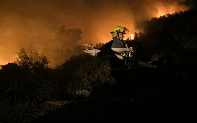 Fire fighters try to extinguish a wildfire which broke out at the entrance to Nataf, in the Jerusalem hills, on November 25, 2016. (Yonatan Sindel/Flash90) Fire fighters try to extinguish a wildfire which broke out at the entrance to Nataf, in the Jerusalem hills, on November 25, 2016. (Yonatan Sindel/Flash90)