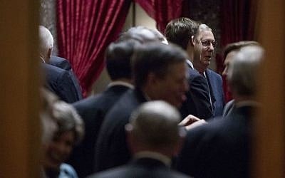 Senate Majority Leader Mitch McConnell of Kentucky, right, speaks with other Senators before a Senate Republican conference leadership election meeting on Capitol Hill in Washington, Wednesday, Nov. 16, 2016. (AP Photo/Andrew Harnik)
