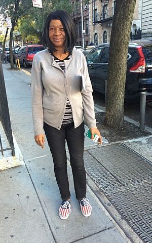 Hillary Clinton campaign volunteer Sheryl Grant said no one should consider voting for Trump (Jessica Steinberg/Times of Israel)