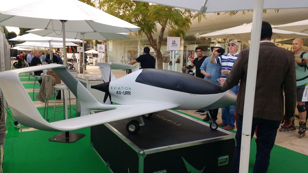 The EViation electric airplane model at the Israel Fuel Choices Initiative summit in Tel Aviv on November 3, 2016. (Melanie Lidman/Times of Israel)