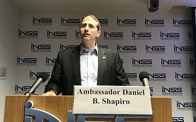 Daniel Shapiro, the US ambassador to Israel, speaking at the Institute for National Security Studies in Tel Aviv, Nov. 9, 2016. (Andrew Tobin/JTA)