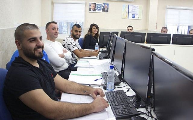 Arab students attend week-long training at police academy in Kiryat Ata to prepare for written exam to enter Israel's police force. (Dov Lieber / Times of Israel)