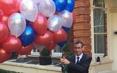 Israeli Ambassador to Israel Mark Regev releases 99 balloons to mark the 99th anniversary of the Balfour Declaration, at the embassy in London on November 2, 2016 (Embassy of Israel) Israeli Ambassador to Israel Mark Regev releases 99 balloons to mark the 99th anniversary of the Balfour Declaration, at the embassy in London on November 2, 2016 (Embassy of Israel)