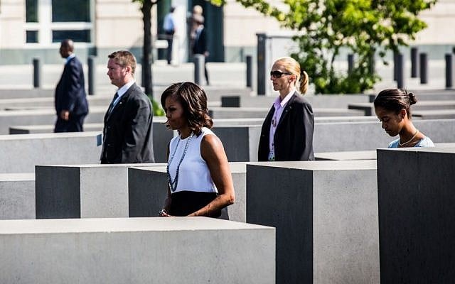 First lady Michelle Obama and daughter Malia visiting the Holocaust memorial in Berlin, June 19, 2013. (Marco Priske / Stiftung Denkmal via JTA)