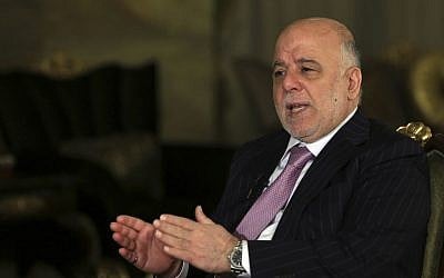 Iraq's Prime Minister Haider al-Abadi speaks during an interview with the Associated Press in Baghdad, Iraq, Monday, Nov. 28, 2016. (AP Photo/Khalid Mohammed)