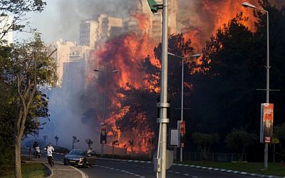People run as wildfires rages in Haifa, Israel, Thursday, Nov. 24, 2016. (AP Photo/Ariel Schalit)